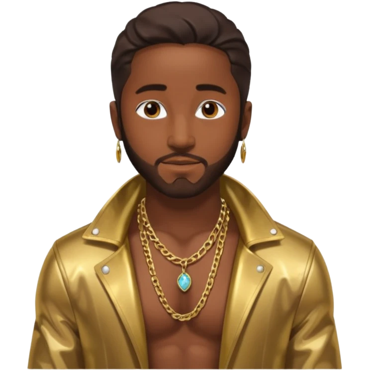 Omarion with long dark brown hair, shirtless with necklace, metallic bronze jacket emoji