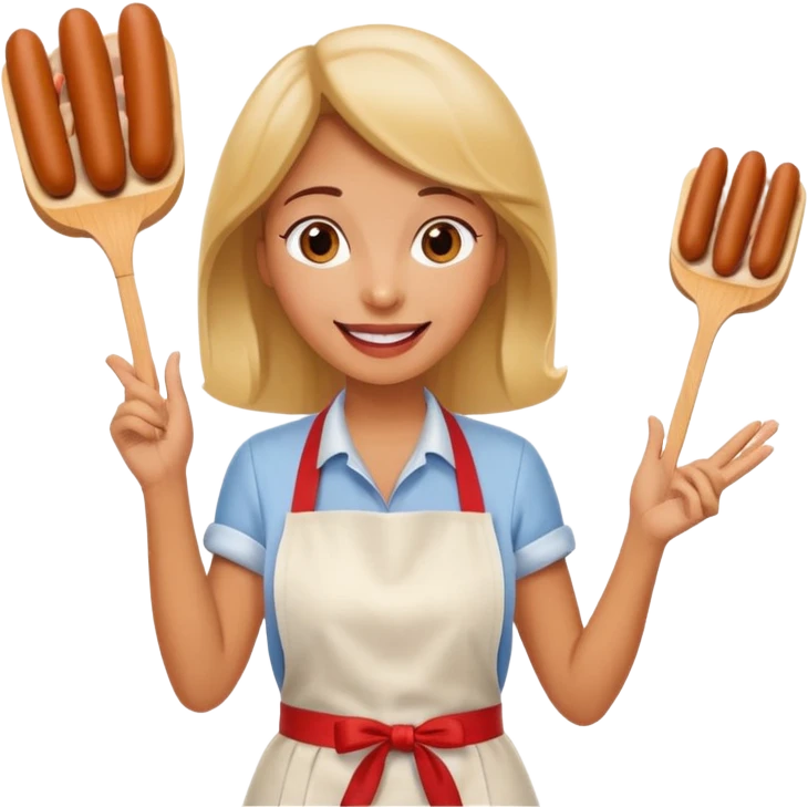 A cheerful woman selling hotdogs, waving a tongs in one hand. emoji
