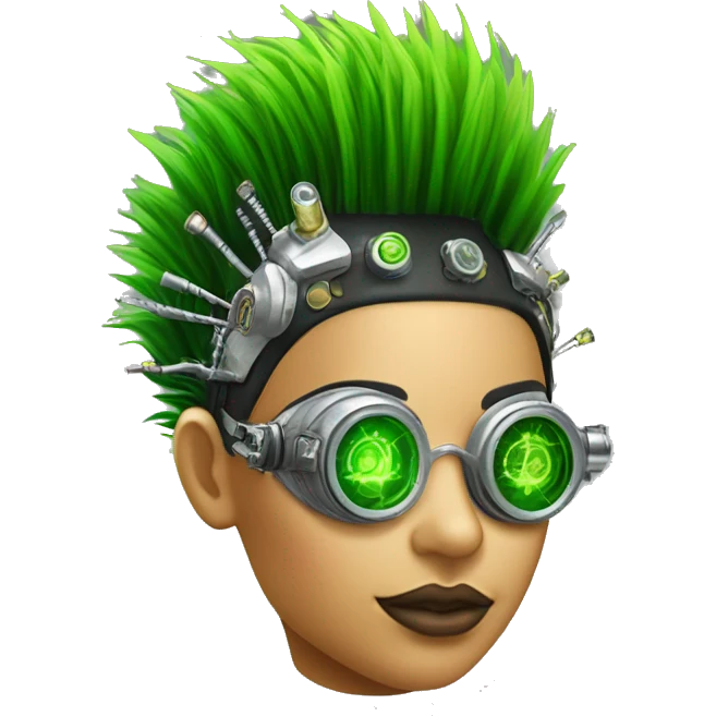 Neon green Mohawk hair Latina female cyborg head with silver steampunk goggles and circuits emoji