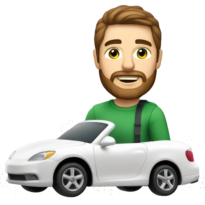a white man with a brown beard and medium length brown hair and green eyes driving a white car emoji