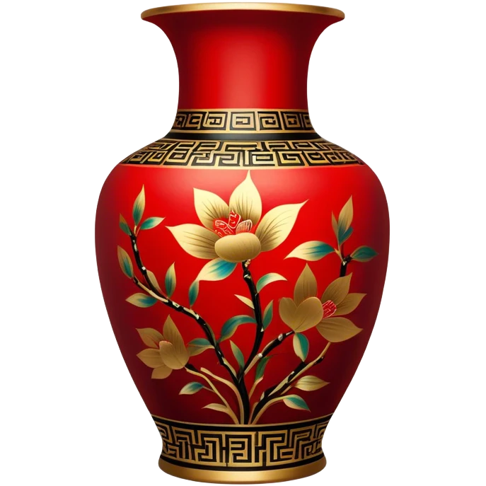 Chinese metal painting icon, intricate hand-painted Chinese patterns on metal vase, vibrant colors like red, gold, and black, delicate brushstrokes, visible fine paintbrush and metal surface, painting process, minimalistic style, clean lines, transparent background. emoji
