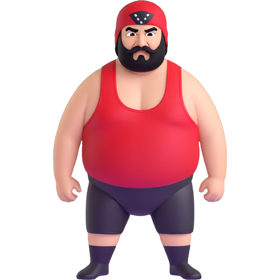White skin fat guy with prominent black durag, short black beard and mustache, black eyes in a red and black wrestling singlet with angry face emoji