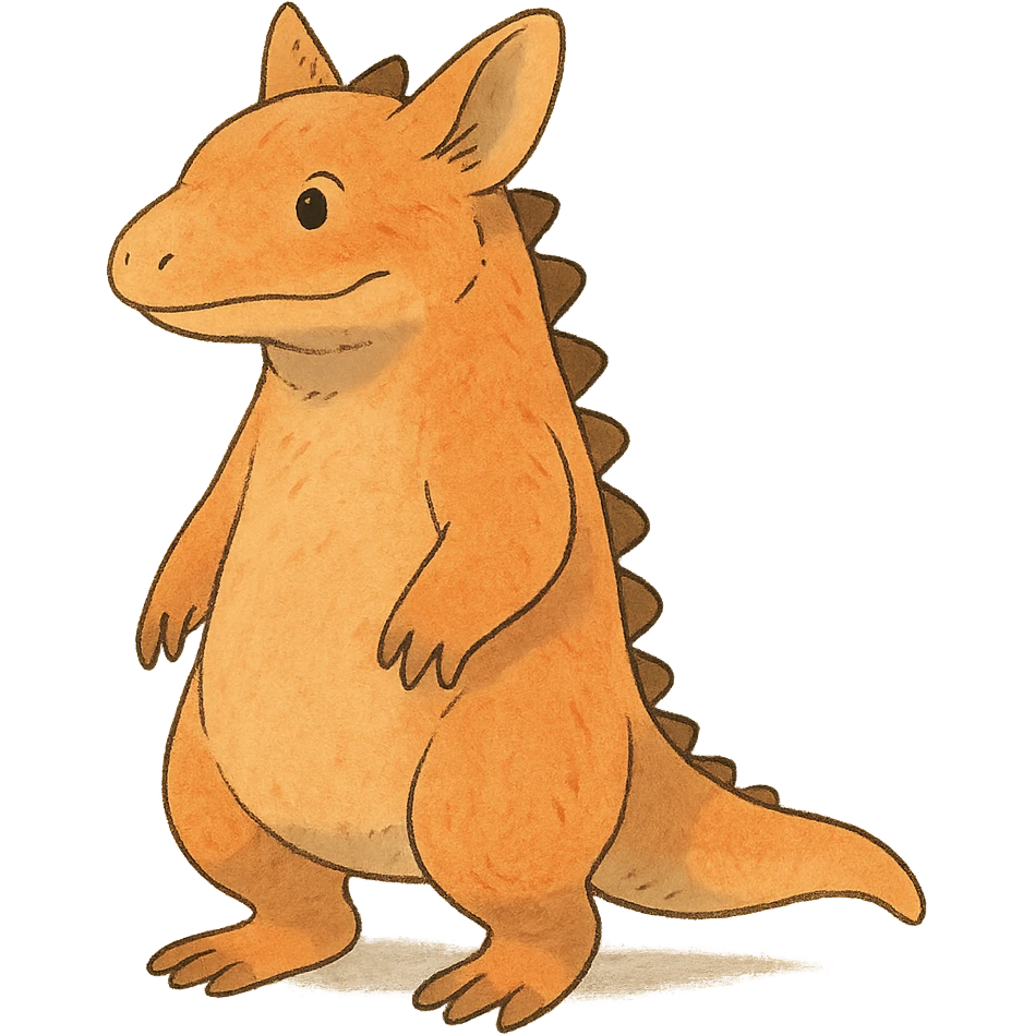 orange bipedal reptile-mammal hybrid, ghibli style, soft shading, whimsical look emoji