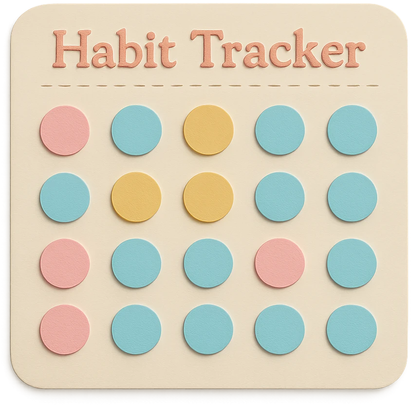 Add the words 'Habit Tracker' in a soft pastel, gentle font at the top of the habit tracker grid, maintaining the paper craft style and delicate look. emoji