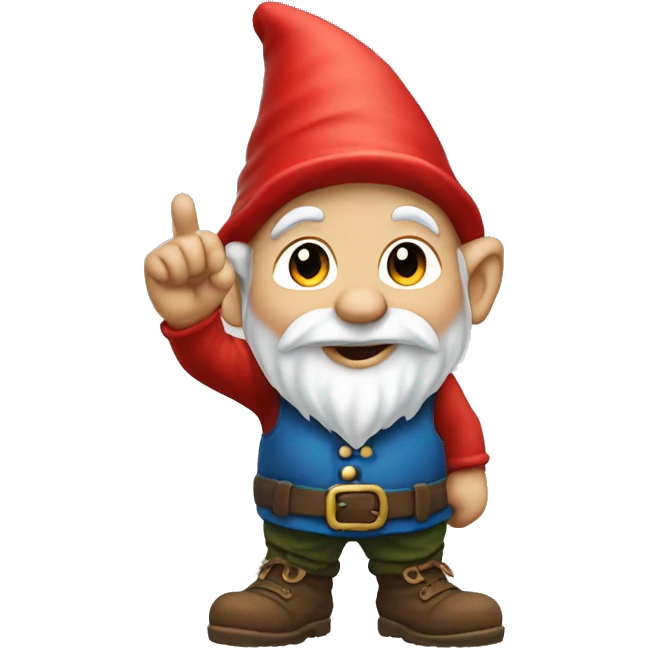 Gnome with the back of his left hand in front of him with his finger in the middle pointing up emoji