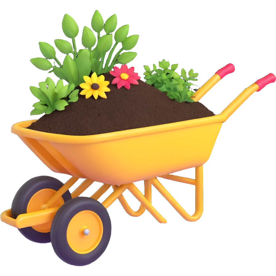 wheelbarrow with soil fertilizer and gardening tools emoji