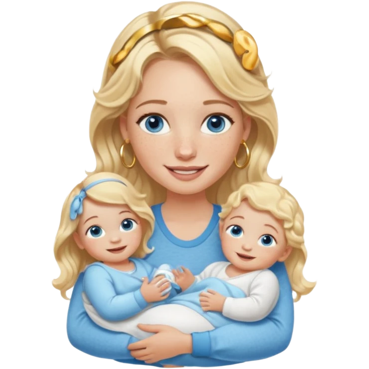 Wavy blonde, white woman with blue eyes, freckles hoop earrings, holding babies smiling and really cute in gold hoops she needs to be holding three newborns, and she needs to be more cute than pretty emoji