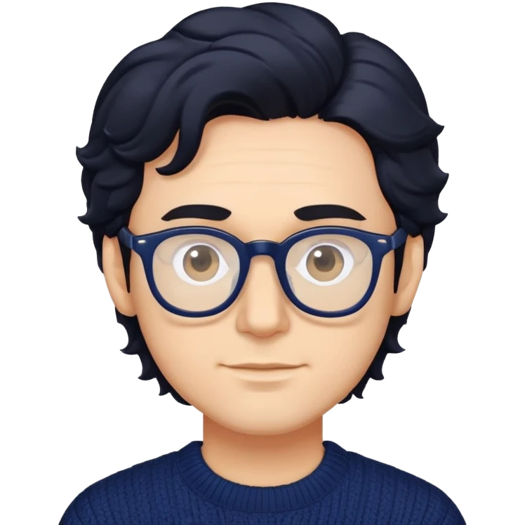 Man with wavy black hair in a comfortable navy blue sweater and glasses emoji
