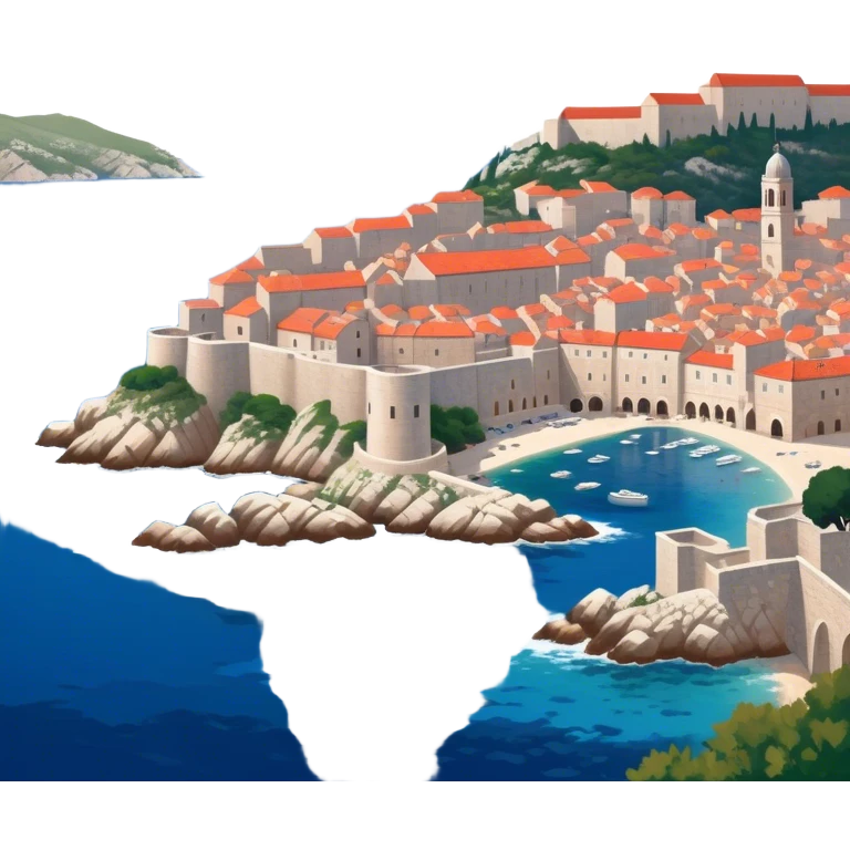 Dubrovnik – Cinematic Realistic Dubrovnik, depicted as a stunning coastal city with red-tiled roofs and ancient stone walls, set against the deep blue Adriatic Sea under warm Mediterranean light, rendered with rich textures that capture its enchanting beauty. emoji