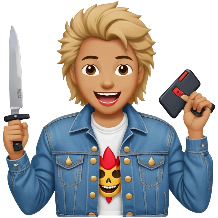 savage person wearing 80s 1988 outfit, denim jacket with shoulder pads, holding a knife, laughing maniacally emoji