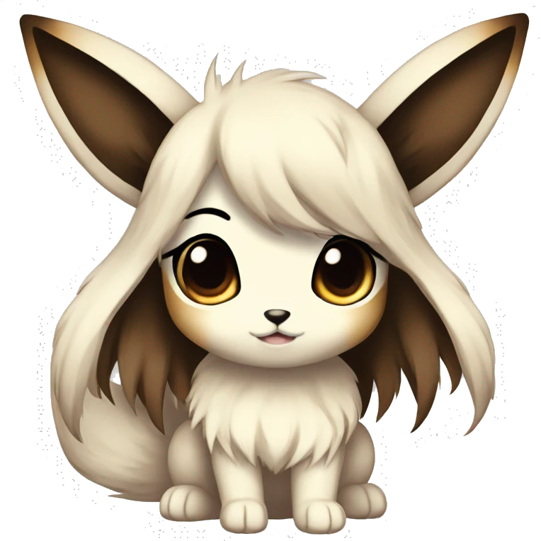 Kawaii Pale Shiny Eevee with dark brown long emo hair covering her eyes Full Body emoji