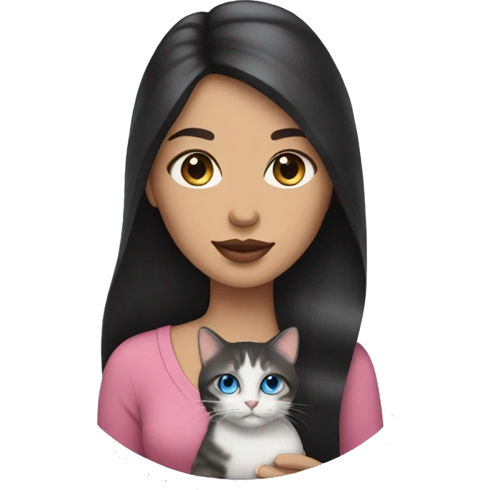 woman with long dark hair, pink lips,and blue eyes holding a tabby cat emoji