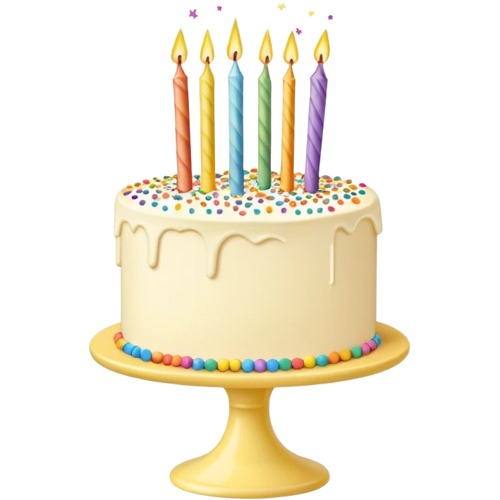 Vanilla buttercream cake on a light yellow cake stand, rainbow confetti sprinkles and sparklers emoji