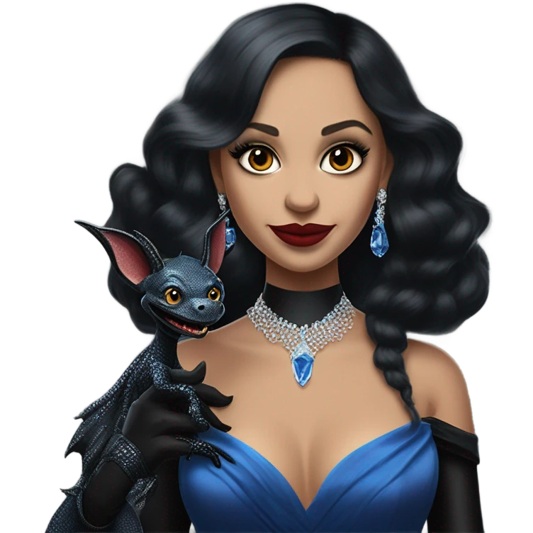 relaxed low-cut back silk black evening ball gown with lace gloves, Jenna Ortega as Addams woman wearing a mini diamond tiara, very large blood blue evil-looking horned old dragon hand puppet emoji