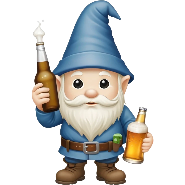 garden gnome holding a bottle of beer and a meth pipe emoji