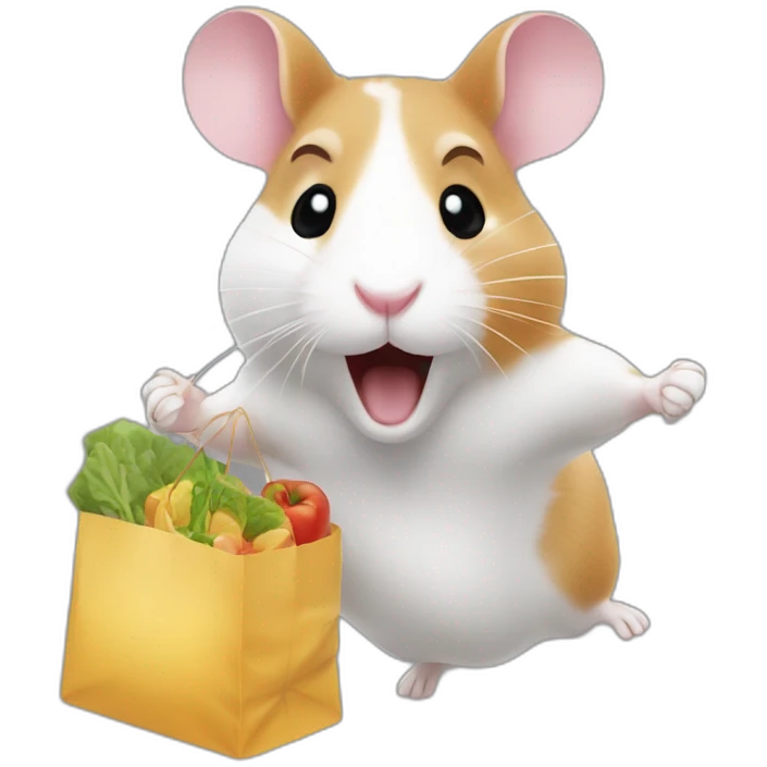 jumping up in the air hamster with groceries emoji