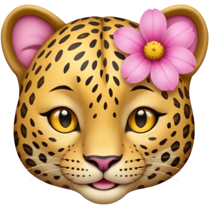A cutE leopard face with eyes closed and a peaceful smile. A pink flower with a yellow center is tucked behind its right ear, adding a charming and gentle touch.  emoji