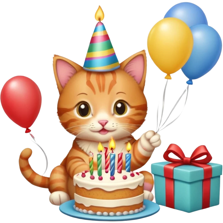 Ginger tabby kitten celebrates birthday, birthday hat, birthday cake, one candle, balloons, happy, gifts emoji