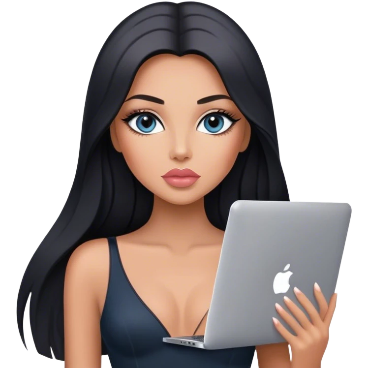 Glamours, tanned, very beautiful girl, with big pump peach-beige-rose lips, black straight smooth silky long hair, straight parting, blue-grey eyes, in black bodysuit holding MacBook emoji