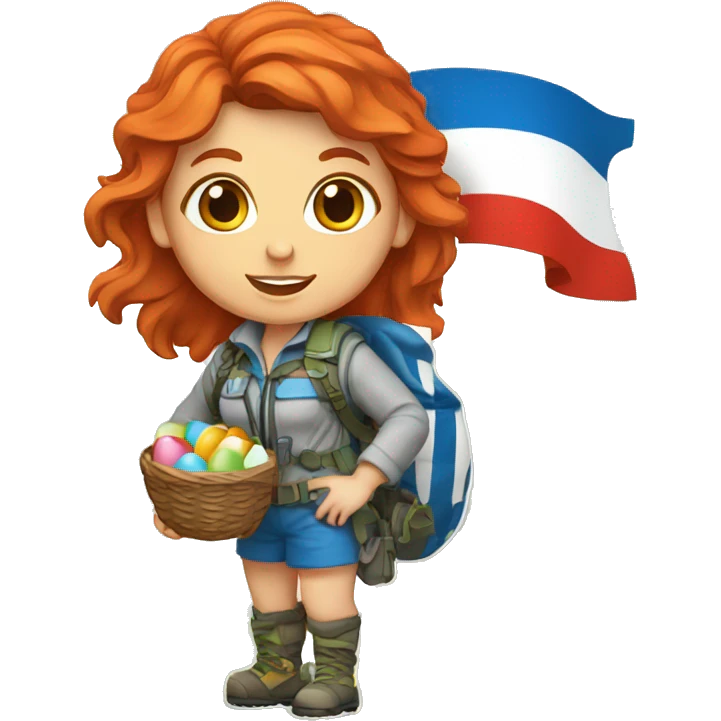 Female mountain climber red hair with Greek flag and holding Easter eggs basket emoji
