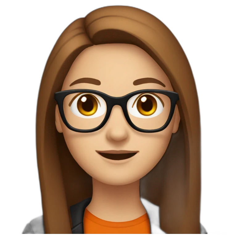 white woman with glasses with long straight brown hair waving wearing a dark orange shirt and black jacket emoji
