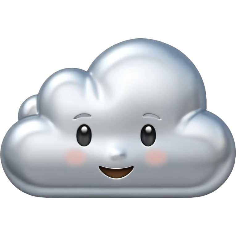 A cute cloud emoji made of silver chrome, smooth rounded shape, glossy metallic surface, soft reflections, minimal and friendly design, iOS emoji style, centered, clean white background, soft lighting emoji