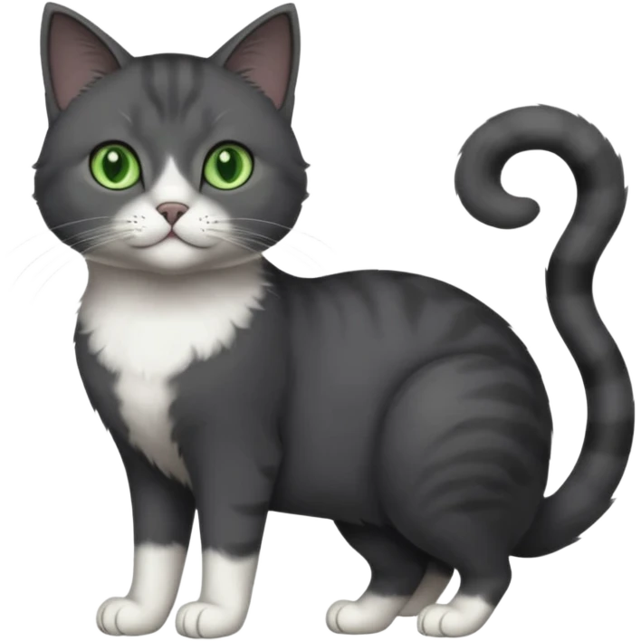 full body view of beautiful female solid dark grey cat with green eyes, white toes/paws and white patch on her chest emoji