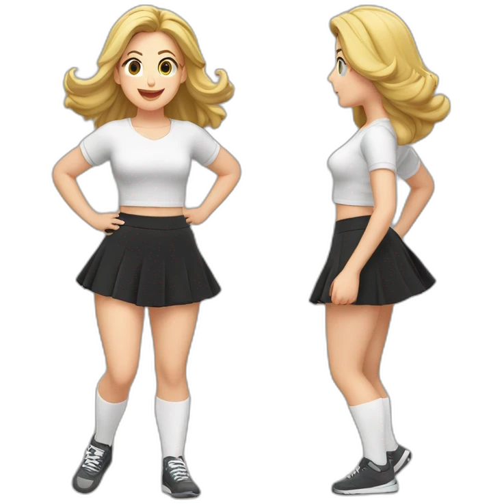 alistic-full-body-caucasian-curvy-beauty-jumping-short black-skirt-back-and-front-views-strong-wind-knickers-long-white-socks emoji