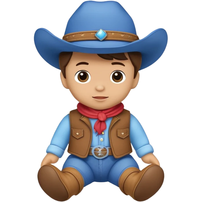 A soft plush baby cowboy doll with a blue hat and tiny boots emoji