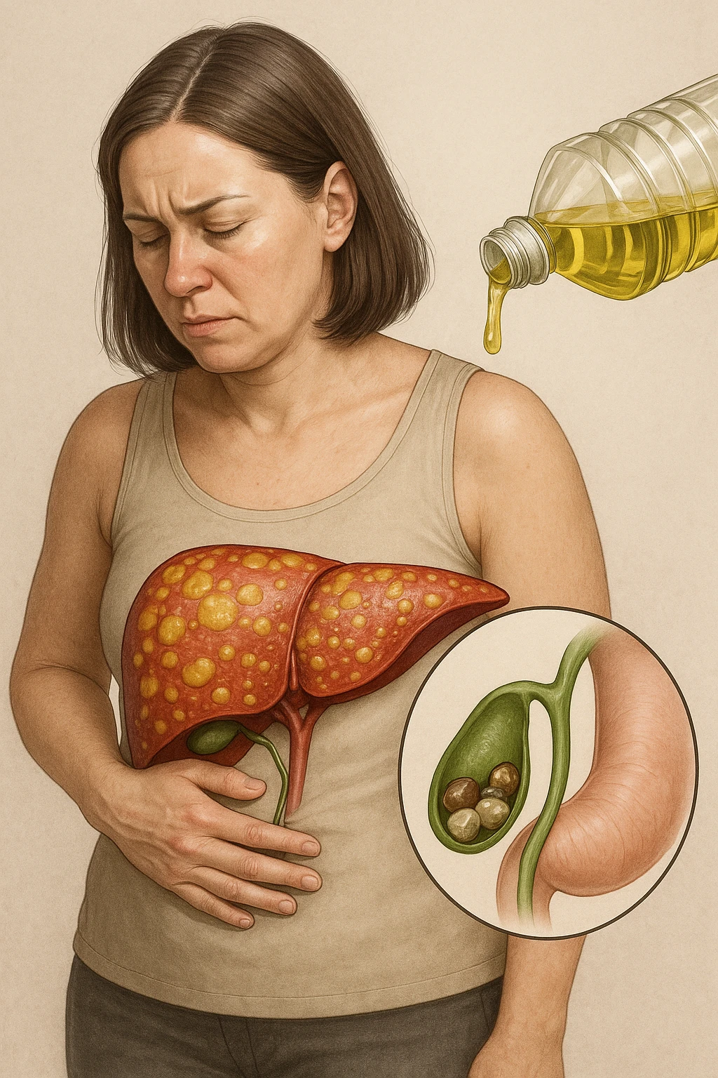 donna con fegato grasso immagine realistica e usa oli vegetali formando anche calcoli biliari emoji