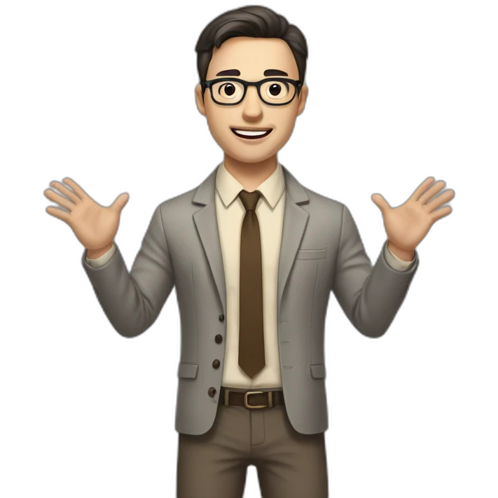 Full height Actively gesturing with hands Pale skinned fit man with dark brown hair in gray jacket, beige office shirt, brown tie, brown pants and vintage glasses. emoji