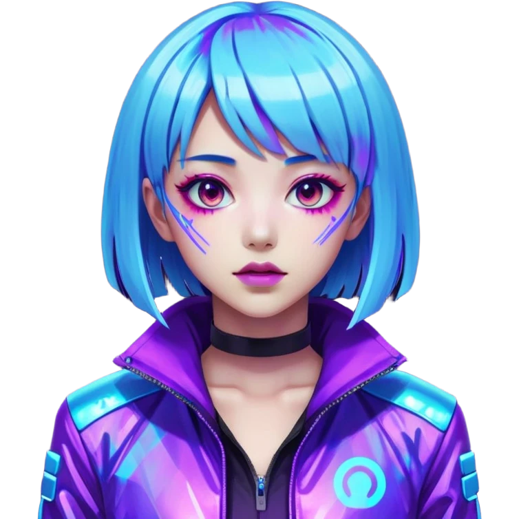 Cyberpunk Japanese girl with neon blue wig, holographic jacket, digital glitches effect, dark background with purple glow, iOS app icon style emoji