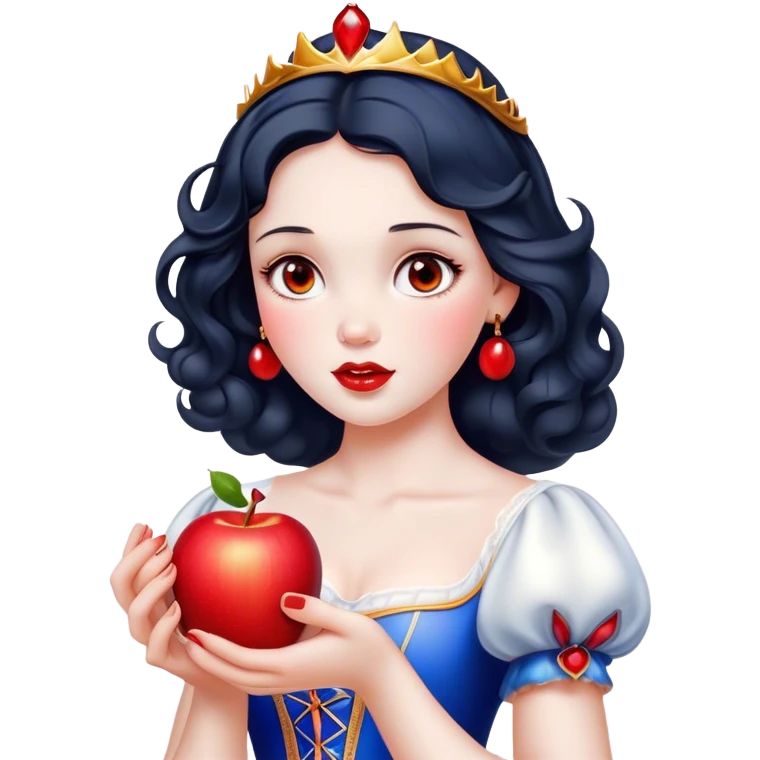 Cinematic Elegant Snow White Portrait Emoji, Delicately holding a red apple, eyes glimmering with mystery, soft curls perfectly placed, her royal presence glowing with a warm, enchanting charm! emoji