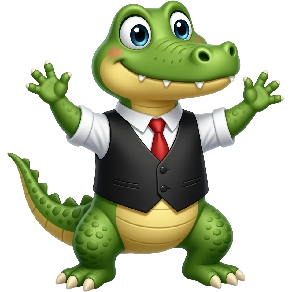 Cute alligator wearing a vest and tie dance party emoji