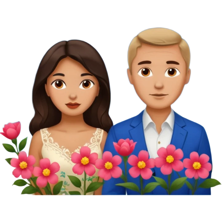 Couple traveling in Montenegro russian man and elegant  Latina girl delicate flowers and mountains in the background  emoji