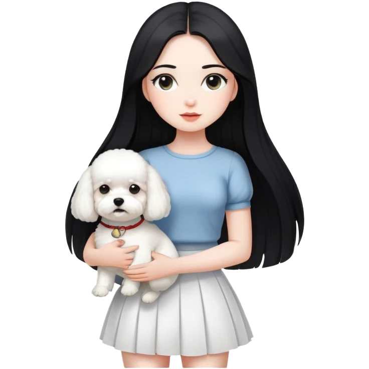 A beautiful girl with long straight black hair wearing a white skirt holding a small white Bichon Frise emoji