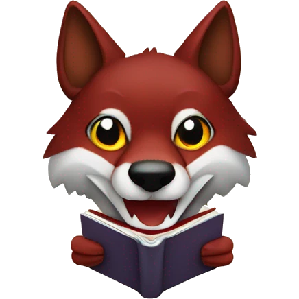 A red wolf with white fangs holds a book emoji