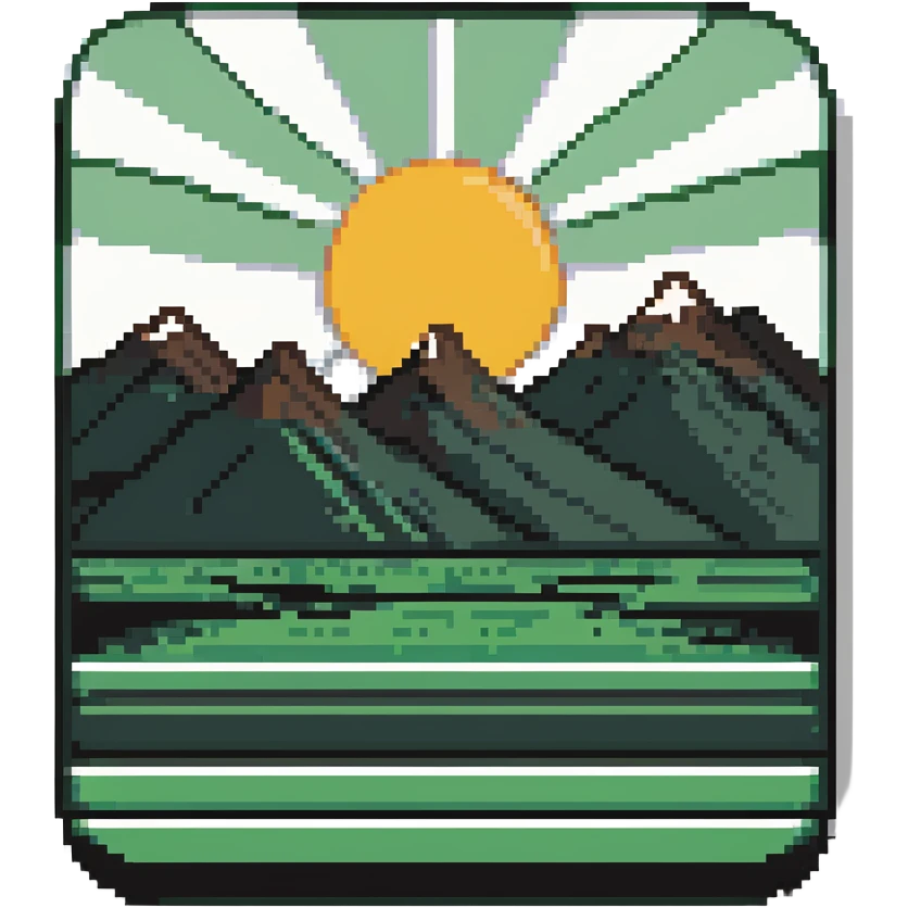 A pixel art icon with a green rectangle, rounded corners, white sub-rectangle with black border, black mountains, sun, and four green stripes. emoji