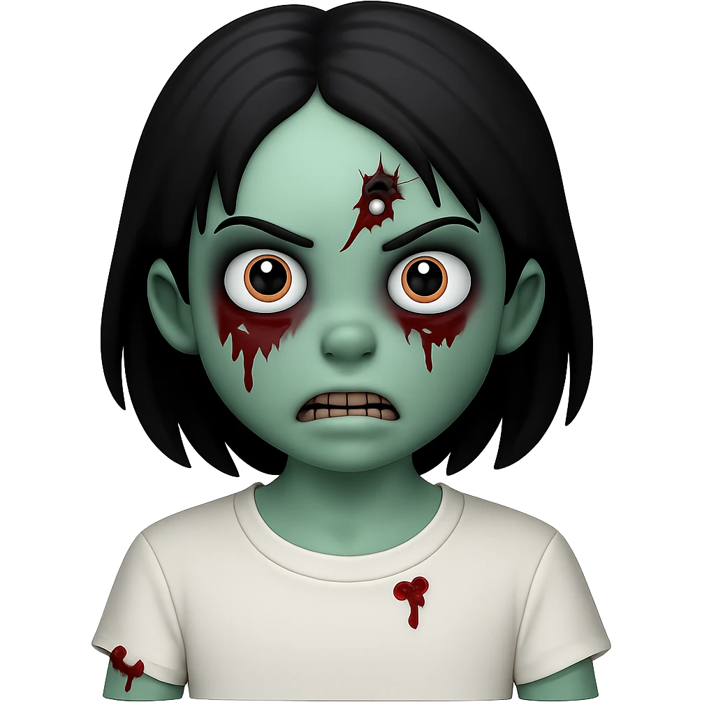 Create an image of a zombie girl with black hair wearing a white t-shirt, minimal blood, in the style of Apple emojis, with no background. emoji
