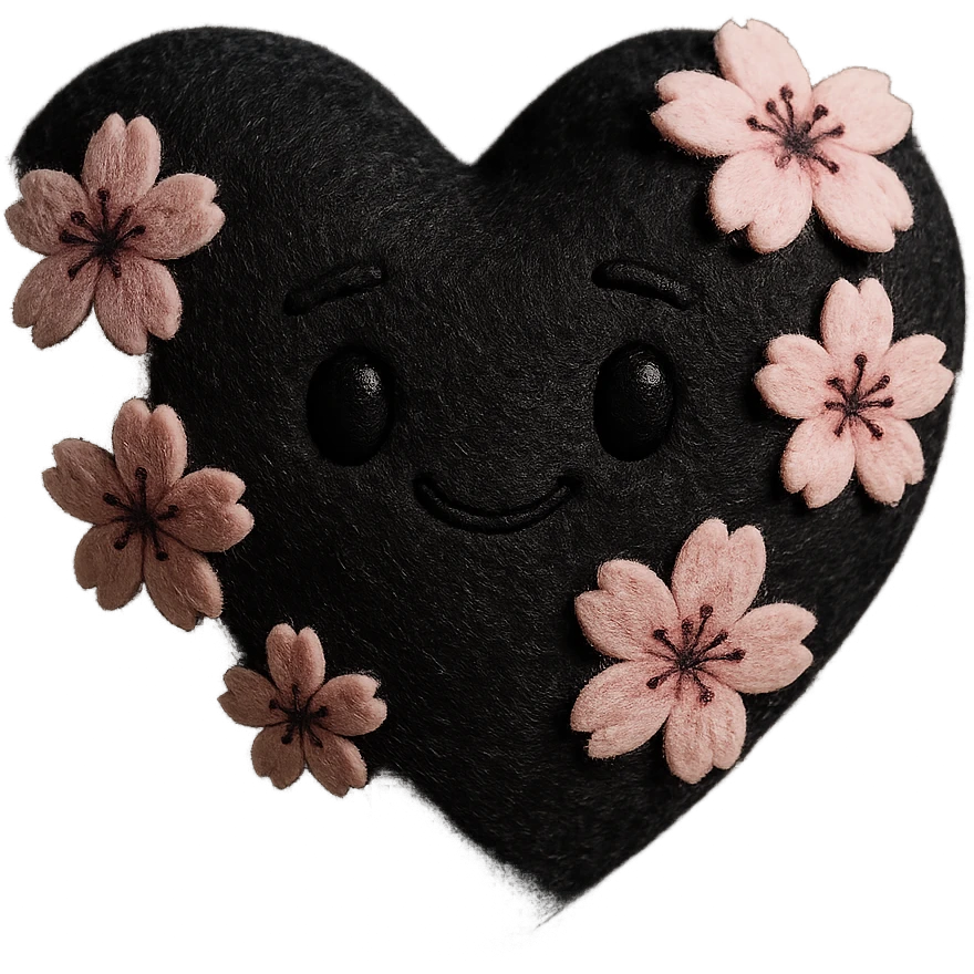 goth sakura heart, 3D plush style, black velvet heart with sakura flowers, soft gothic look emoji