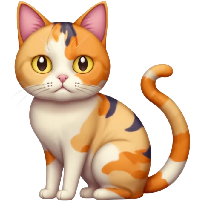 full body colourful calico cat with skinny head and fat body with an anxious face emoji