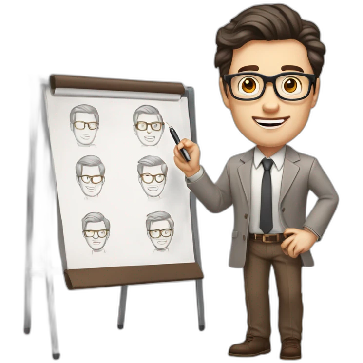 Pale skinned fit man with dark brown hair in gray jacket, beige office shirt, brown tie, brown pants and vintage glasses Writing text on the flipchart emoji