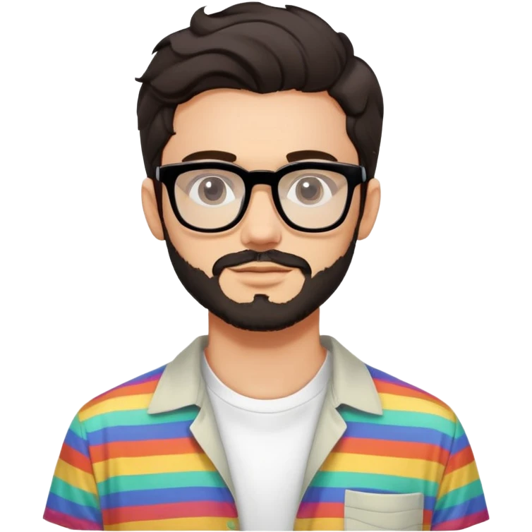young adult man with light skin, short beard, dark wavy hair, relaxed expression, very wide rectangular glasses with thick black acetate frame and thick double bridge, retro oversized style, colorful open shirt and white t-shirt emoji
