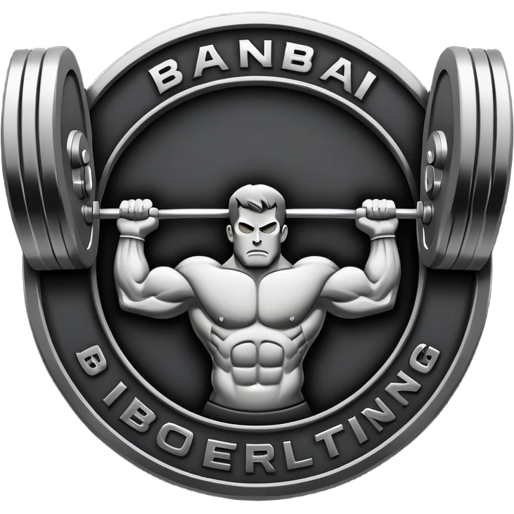 Powerlifting emblem featuring a stylized barbell with heavy weights on each side, flanked by muscular arms gripping the bar. The design is bold and dynamic, symbolizing strength and determination. The background is minimal, focusing on the emblem itself, with a sleek and professional look.  emoji