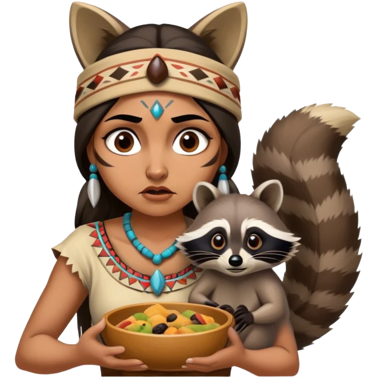 Cinematic Funny Pocahontas Portrait Emoji, Looking bewildered as Meeko steals her food, one brow raised in playful frustration, a warrior princess caught in a hilariously relatable moment, wild yet endearing! emoji