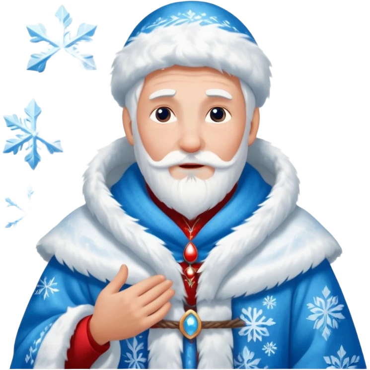 Legendary fantasy human Christmas portrait icon, Grandfather Frost and Snow Maiden style, traditional winter robe with fur, magical snow patterns, kind powerful expression, icy blue and white colors with red accents, classic Slavic winter fairy tale mood, clean readable emoji style, male/female emoji
