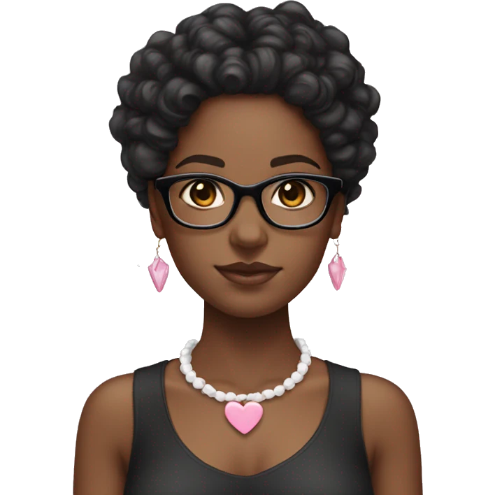Black girl with black curly hair and a white top, clear glasses, pink hair bow, white hear necklace  emoji