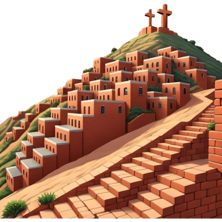 Urban Peruvian hillside neighborhood, brick houses stacked on steep hills of the desert, unfinished red brick buildings,, narrow stairways, electric cables crossing the sky, sunset lighting, realistic style, cinematic, high detail in the desert, cross monument at the top emoji
