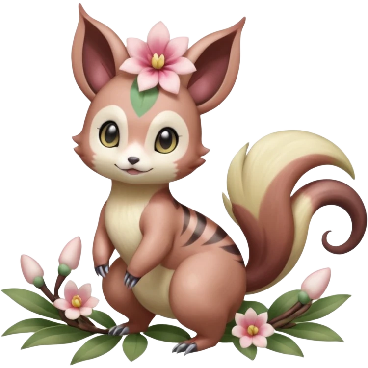 Cute Romantic Realistic Floral Meloetta-Furret-Palkia-Cresselia-Digimon-Pokémon-Fakémon-hybrid-fusion, full body emoji