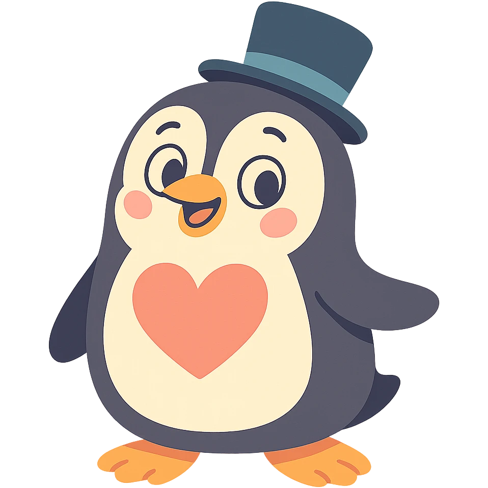 cute penguin wearing a top hat with a big heart on its chest in pastel-toon style emoji